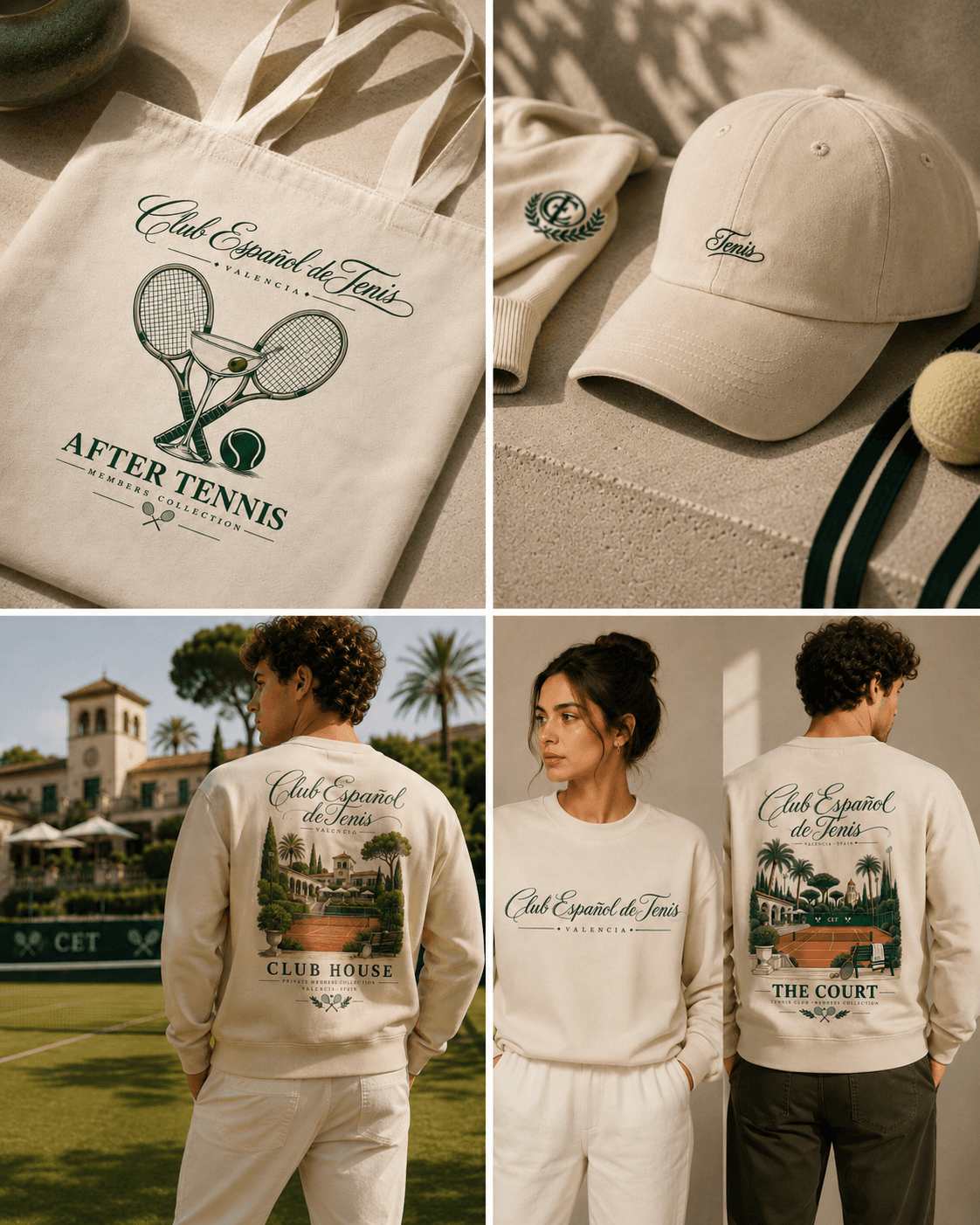 Colección de merchandising a medida para un club deportivo: bolsa, gorra y sudaderas bordadas